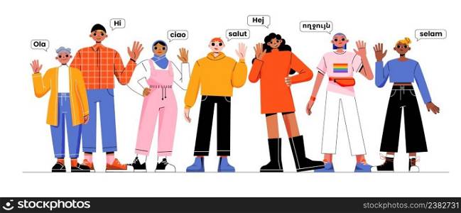 Diverse people group say hello on different foreign languages and waving hands. Multinational happy young male and female characters greetings, friendly gestures, Line art flat vector illustration. Diverse people group say hello on foreign language