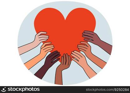 Diverse people hands hold huge heart show care and love to society. Multiracial persons involved in charity or volunteer work help those in need. Global support and aid. Vector illustration.. Diverse hands hold huge heart share love