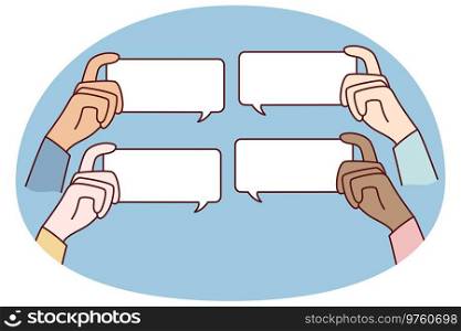 Diverse people hands holding mockup message bubbles with comments online. Users comment on internet. Talk balloons with empty copy space. Feedback and notification.. People hold mockup message bubbles