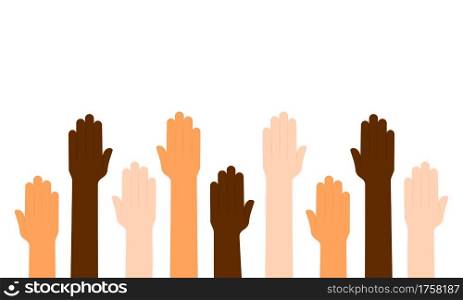 Diverse people hands, male, female, multicultural group, multi ethnic team, cultural diversity concept. Men, women raise arms, celebration, friendship vote. Vector on isolated background. EPS 10.. Diverse people hands, male, female, multicultural group, multi ethnic team, cultural diversity concept. Men, women raise arms, celebration, friendship, vote. Vector on isolated background. EPS 10