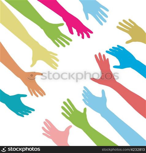 Diverse people hands reach out across a division gap to unite connect help