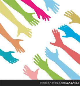 Diverse people hands reach out across a division gap to unite connect help