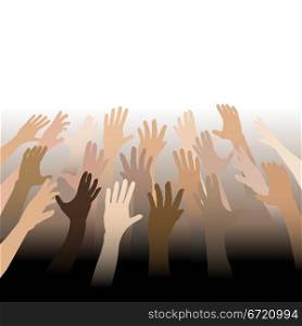 Diverse People Hands Reach Up Out to Copy Space bleed to white and black.