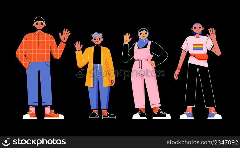 Diverse people hello and welcome gesture. Multinational characters waving hands, happy young man, senior lady, arab girl and lgbt person positive greeting gesturing, Line art flat vector illustration. Diverse people hello and welcome gesture, greeting