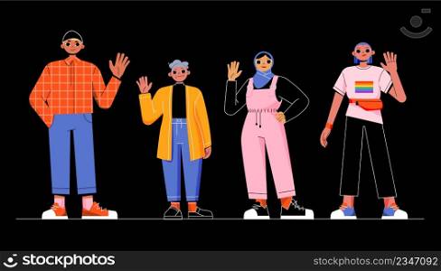 Diverse people hello and welcome gesture. Multinational characters waving hands, happy young man, senior lady, arab girl and lgbt person positive greeting gesturing, Line art flat vector illustration. Diverse people hello and welcome gesture, greeting