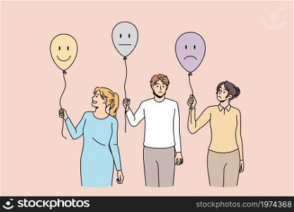 Diverse people hold balloons with different emotions. Clients or consumers leave feedback on good or bad quality service. Consumerism, answer and reaction concept. Flat vector illustration. . Diverse people hold balloons with emotions