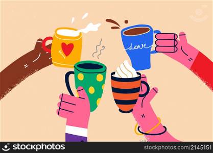 Diverse people hold cups drink warm beverages relax on cold winter evening together. Multiethnic friends have fun cheers with coffee and tea rest on leisure weekend. Vector illustration. . Diverse friends enjoy warm drinks relax on weekend