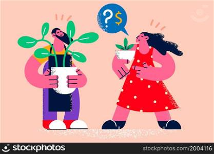 Diverse people hold flowerpots with small and big plants get different salary wages. Man and woman with greenery of various sizes receive investment. Financial reward. Flat vector illustration. . People hold flowerpots get different money dividend
