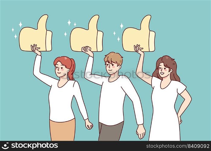 Diverse people holding huge like signs, giving good review to service. Clients or customers rate showing satisfaction. Feedback concept. Vector illustration.. People holding huge like signs