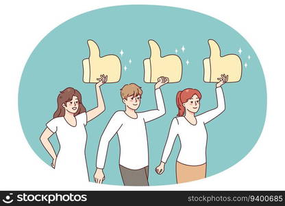 Diverse people holding huge like signs, giving good review to service. Clients or customers rate showing satisfaction. Feedback concept. Vector illustration.. People holding huge like signs