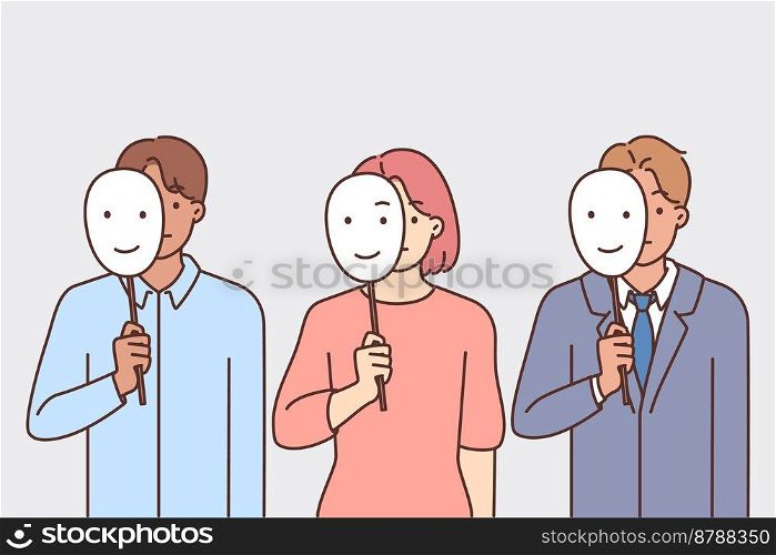 Diverse people holding masks in hands hide emotions behind. Businesspeople with smiling faces in hands. Employment. Vector illustration. . Diverse people holding masks in hands 