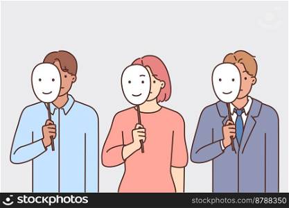 Diverse people holding masks in hands hide emotions behind. Businesspeople with smiling faces in hands. Employment. Vector illustration. . Diverse people holding masks in hands 