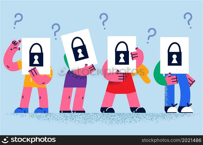 Diverse people in line hide face behind paper with lock painted on. Employee feel confused with web data or information security. Cyber record global protection and privacy. Vector illustration.. Diverse people with papers with painted lock