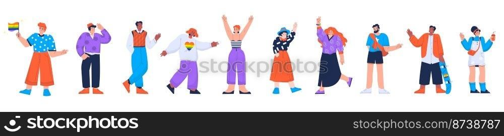 Diverse people, lgbt or lgbtq persons. Multinational positive characters waving hands, happy young and mature men or women greeting gesturing, hello and welcome gesture Linear flat vector illustration. Diverse people, lgbt or lgbtq positive characters