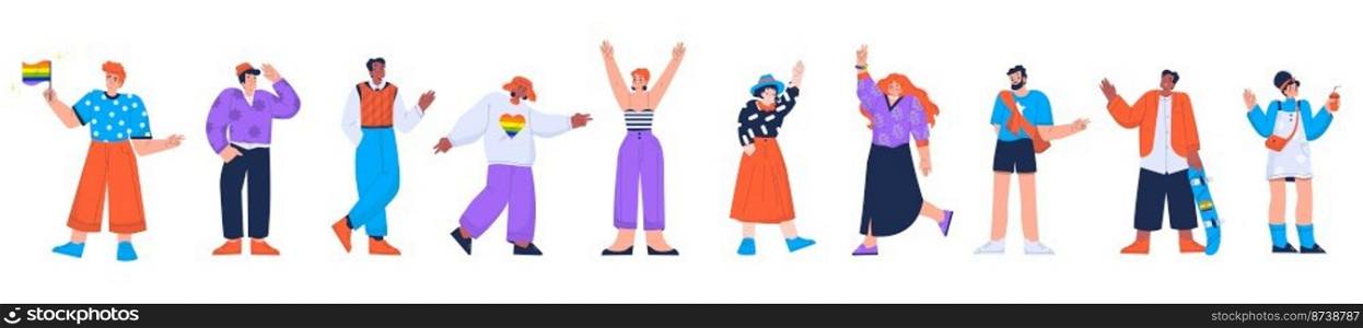 Diverse people, lgbt or lgbtq persons. Multinational positive characters waving hands, happy young and mature men or women greeting gesturing, hello and welcome gesture Linear flat vector illustration. Diverse people, lgbt or lgbtq positive characters