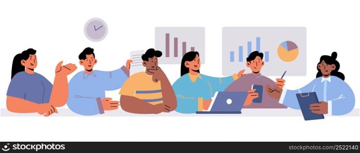 Diverse people meeting in office conference room. Concept of communication in team. Vector flat illustration of men and women company workers talk and discuss together. Diverse people meeting in office conference room