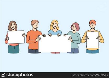 Diverse people protesters with mockup placards on manifestation or protest. Men and women activists with banners or signs on street demonstration or revolution. Vector illustration. . Diverse people with mockup placards on protest