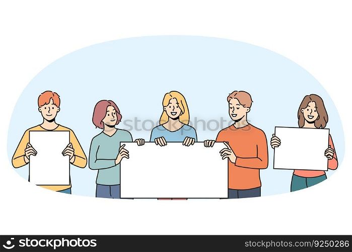 Diverse people protesters with mockup placards on manifestation or protest. Men and women activists with banners or signs on street demonstration or revolution. Vector illustration.. Diverse people with mockup placards on protest