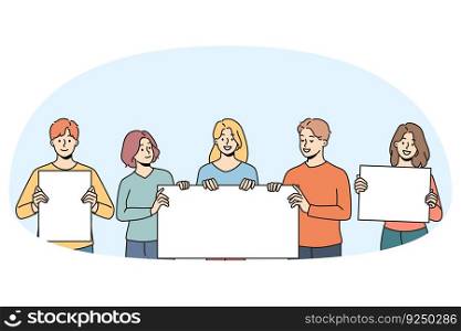 Diverse people protesters with mockup placards on manifestation or protest. Men and women activists with banners or signs on street demonstration or revolution. Vector illustration.. Diverse people with mockup placards on protest