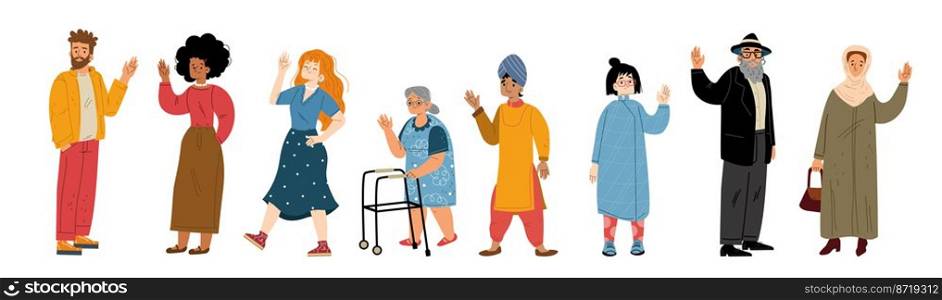 Diverse people say hello, greeting, waving hands. Multinational happy young and old male and female characters positive friendly gestures, body language, welcome, Line art flat vector illustration. Diverse people say hello, greeting, waving hands