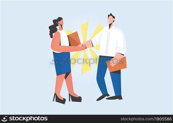 Diverse people shake hand get acquainted greeting at work interview in office. Man woman handshake close deal make agreement after successful meeting. Recruitment, employment. Vector illustration. . Diverse people handshake closing deal after interview