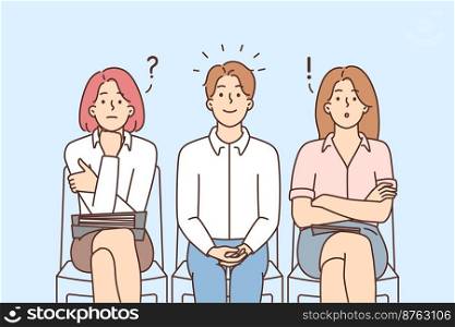 Diverse people sit in line waiting for interview. Female employees confused and frustrated with successful male job applicant in hallway. Vector illustration. . Female employees confused with successful male applicant 
