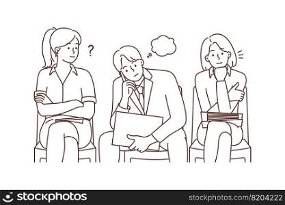 Diverse people sitting in line waiting for interview. Bored frustrated employees in queue for recruitment talk. Employment concept. Vector illustration. . Diverse people in line waiting for interview 