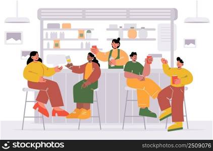 Diverse people sitting on stools in bar or pub. Vector flat illustration of cafe or restaurant interior with bar counter, shelves with bottles, happy men and women with drinks and bartender girl. Diverse people sitting on stools in bar or pub