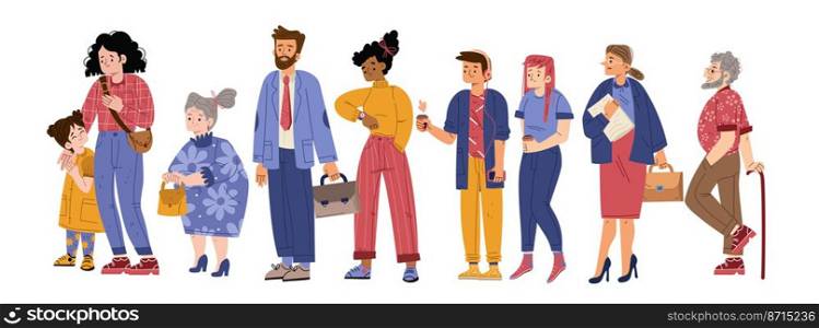Diverse people standing in queue side view. Vector flat illustration of multiracial group, girl with mother, elder man and woman, students and businesswoman waiting in line. Diverse people standing in queue side view