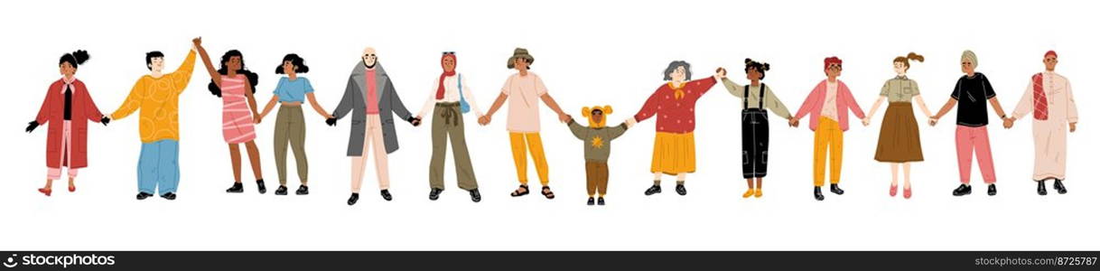 Diverse people standing together and holding hands. Multiracial community, team, friends or society concept with asian, african american, indian and muslim characters, vector hand drawn illustration. Diverse people standing together and holding hands