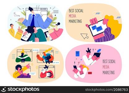 Diverse people study online on gadget engaged on smm course or training. Happy students or learners have social media marketing web seminar on device. Distant education. Flat vector illustration. Set.. Set of people study social media marketing online