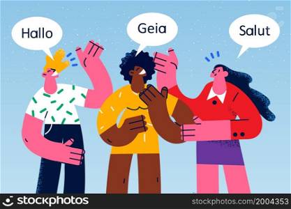 Diverse people talk communicate in different languages. International friends from various countries speak and chat. Diversity concept. Communication around globe. Flat vector illustration. . Diverse people talk communicate in different languages