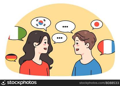 Diverse people talk in different languages. Smiling multiethnic man and woman speak communicate. Multicultural friends communication concept. Learning and education. Vector illustration.. Diverse people talk communicate in different languages