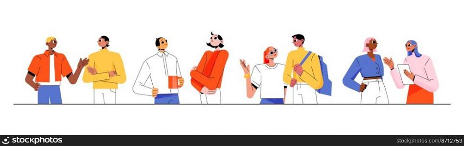 Diverse people talk together. Concept of social network, conversation, communication in team. Vector flat illustration of friends dialog, students and workers characters speak with each other. Diverse people talk together