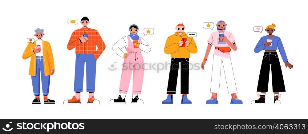 Diverse people use mobile phone. Vector flat illustration of multiracial group with smartphones, girl in hijab, senior adult woman, young characters with gadgets. Diverse people use mobile phone