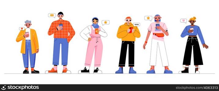 Diverse people use mobile phone. Vector flat illustration of multiracial group with smartphones, girl in hijab, senior adult woman, young characters with gadgets. Diverse people use mobile phone