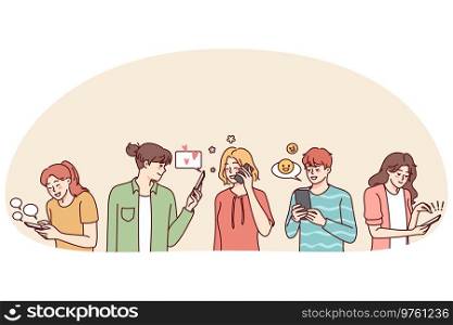 Diverse people using modern mobile phones chatting and texting online. Men and women with smartphones messaging on internet or social media. Vector illustration.. People using smartphones texting online