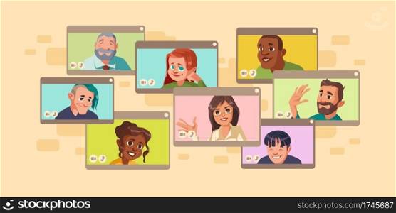 Diverse people virtual online video conference, multiple computer screens with multiracial characters chatting. Business colleagues or friends meeting, distant communication, Cartoon illustration. Diverse people virtual online video conference