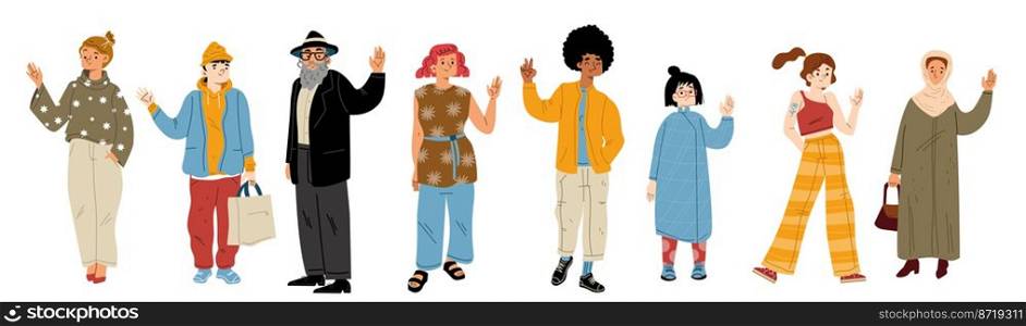 Diverse people waving hand isolated on white background. Multiracial group of characters, african american guy, elder jewish man, asian girl, muslim woman, Vector flat illustration. Diverse people waving hand