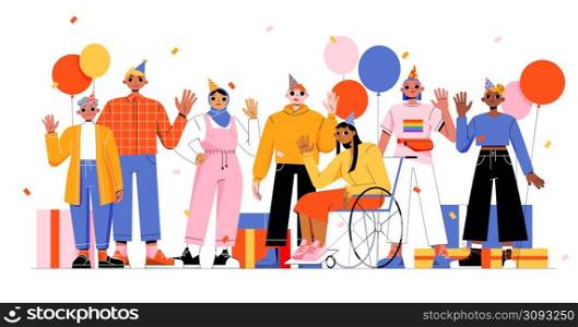 Diverse people waving hands on birthday party. Happy characters, girl in wheelchair, muslim woman, lgbt person celebrate holiday together. Vector flat illustration of friends, balloons and gift boxes. Diverse people waving hands on birthday party