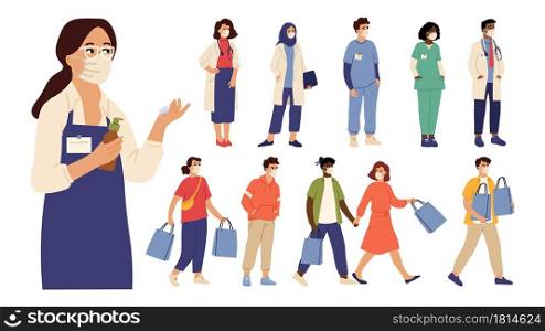 Diverse people wear protective masks. Woman man flu prevention, cold or dust air self protection. Doctors, shoppers vector characters. People flu protection mask, woman and man preventive illustration. Diverse people wear protective masks. Woman man flu prevention, cold or dust air self protection. Doctors, shoppers seller vector characters