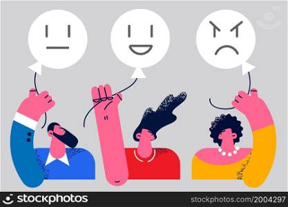 Diverse people with balloons with different emotions show various feelings. Customers leave feedback of good or bad quality service. Consumerism concept. Flat vector illustration, cartoon character. . People show different emptions on balloons