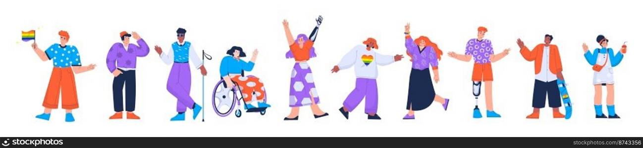 Diverse people with disabilities, lgbt persons, multiracial group. Girl in wheelchair, man with prosthesis, blind man, people with rainbow flag isolated on white background, vector flat illustration. Diverse people with disabilities, lgbt persons