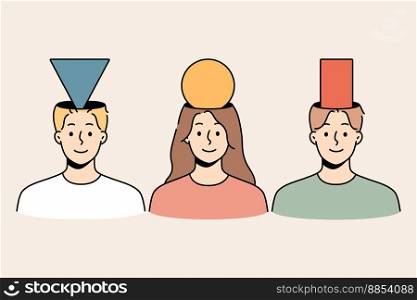 Diverse people with geometric figures in heads. Smiling men and women have personal point of view. Teamwork and collaboration. Vector illustration. . Diverse people with geometric figures in heads