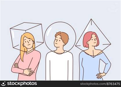 Diverse people with heads in geometric figures. Employees or colleagues having personal point of view. Concept of one type communication. Vector illustration. . People with heads in geometric figures 