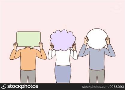 Diverse people with speech bubbles in front of heads. Men and women holding talk balloons communicating. Communication and chat. Vector illustration. . People hold speech bubbles 