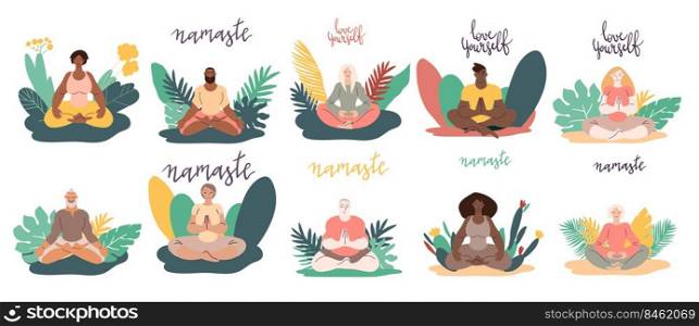 Diverse people women and men doing meditation outdoors surrounded by plants. Minimal vector illustration set isolated on white.. Diverse people women and men doing meditation outdoors surrounded by plants.