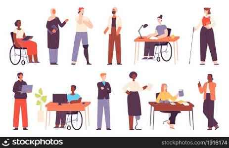 Diverse people work, office multicultural workers or students. Muslim business woman. Inclusion workplace with disabled character vector set. Employees on wheelchair and with prosthesis working. Diverse people work, office multicultural workers or students. Muslim business woman. Inclusion workplace with disabled character vector set