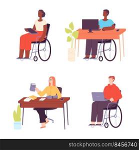Diverse people work. Office workers sitting at desks with devices. Multinational people with disabilities working with laptop, computer and tablet. Characters on wheelchair, with prosthesis vector set. Diverse people work. Office workers sitting at desks with devices. Multinational people with disabilities