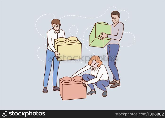 Diverse people work together connect blocks reach shared goal or success. Company team colleagues cooperate collaborate at workplace. Teamwork, collaboration. Flat vector illustration.. People work together engaged in teamwork activity